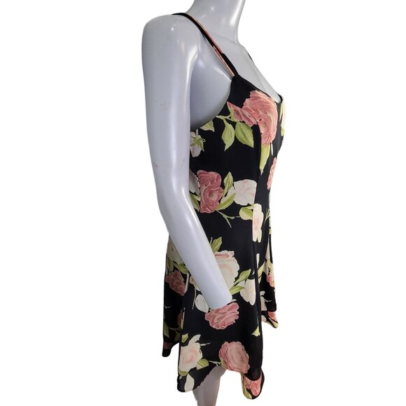 Vintage 90s Floral Mini Dress Medium 10 Petite Black Pink Shift Formal Party Fun - Picture 2 of 14